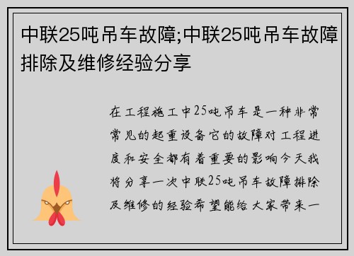 中联25吨吊车故障;中联25吨吊车故障排除及维修经验分享