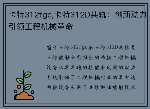 卡特312fgc,卡特312D共轨：创新动力引领工程机械革命