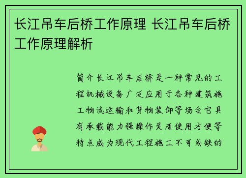 长江吊车后桥工作原理 长江吊车后桥工作原理解析